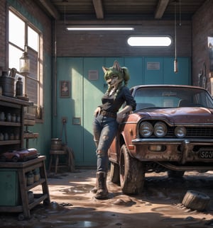 ((Clear 4K image with realistic dirty and worn style, rendered in ultra-high resolution with graphic details.):1.3). | At the vintage car body shop, a young 21-year-old werewolf is working tirelessly. She wears a white t-shirt, blue denim overalls with straps hanging from one of them, and a black leather belt with a gold buckle at her waist. His black leather boots are dirty with grease, as is the rest of his clothes, which are aged and tight to his body. Her long, straight green hair cascades over her shoulders, with large bangs in front of her eyes. She has two long pigtails held together with metal clips. Her yellow eyes look at the viewer with a mysterious look, while she (((smiles))), showing her teeth, with her mouth open, her tongue out and drool running down. Her face is covered in grease, as is the rest of the room. | The scene takes place in the old car body shop, a filthy and dirty place, full of stacked tires, mud and dirt. There is a bench with tools scattered around, old car engines and an old, rusty car in the process of being repaired. The smell of oil and gasoline permeates the air as the wolf woman works tirelessly. | Composition at an angle to the general plane, emphasizing the figure of the wolf woman and the elements of the bodywork. The metal structures, tires, mud and dirt, together with the wolf woman, the workbench, the tools and the old car, create a filthy and worn-out environment. The body shop's artificial lighting creates dramatic shadows and highlights the details of the scene. | Soft, shadowy lighting effects create a tense and challenging atmosphere, while rough, detailed textures on skin, clothing, tires and structures add realism to the image. | A challenging and realistic scene of a young wolf woman working tirelessly in the vintage car body shop, overcoming obstacles with determination and mechanical skill. | (((((The image reveals a full-body_image as she assumes a dynamic_pose, engagingly leaning against a structure within the scene in an exciting manner. She takes on a dynamic_pose as she interacts, boldly leaning on a structure, leaning back in an exciting way.))))). | ((perfect anatomy, perfect body)), ((perfect_pose):1.5), ((more_than_a_dynamic_pose, dynamic_pose):1.3), ((full-body_image)), ((perfect fingers, better hands, perfect hands, perfect legs, perfect feet)), ((perfect design)), ((correct errors):1.2), ((perfect composition)), ((very detailed scene, very detailed background, correct imperfections, perfect layout):1.2), (( More Detail, Enhance))