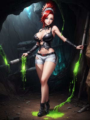 {((1 woman))}, ((wearing black wick costume with white shorts extremely sensual maid costume, extremely tight on the body)), ((red mohawk hair, blue eyes)), ((has extremely large and firm breasts)), ((looking at the viewer, smile expression, making erotic pose showing her body leaning against an object)), ((in a cave, crowded with aliens, green liquid lights stuck on the walls doing the lighting,  destroyed spaceship)), (((full body))), 16k, UHD, Better quality, better resolution, better detail