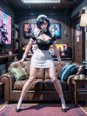 A woman, wearing black domestic sheath attire with white parts, short white skirt, long white socks, black shoes, tight and tight clothing, gigantic breasts, blue hair, hair with solo+short braid, mohawk hair, hair with bangs in front of the eyes, (looking at the viewer), (((dynamic pose+Interacting+leaning on anything+object+leaning against))) in a modern apartment, with furniture, computers, plasma tv, bed, window, lights on the walls, sofa bed, 16K, UHD, (full body:1.5), unreal engine 5, cyberpunk, ((maid)), quality max, max resolution, ultra-realistic, ultra-detailed, maximum sharpness, ((perfect_hands)), better_hands,