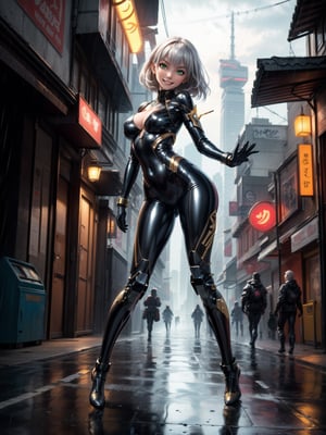 ((1woman)), ((wearing futuristic warrior clothing made of black latex, gold metals attached, extremely tight and short on the body)), ((flat silver hair, hair with bangs in front of the eye)), ((gigantic breasts)), ((staring at the viewer)), (((making action position leaning against an object))), ((in a futuristic city, giant robots, lampposts, raining hard, soda machines,  multiple people with different ethnicities)), ((((full body)))), 16k, UHD, better quality, better resolution, better detail, light and shadow effects