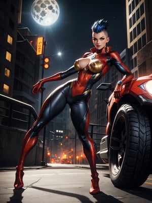 A woman, wearing mecha costume + spider man costume + batman costume, black with red parts, tight and tight clothing, monstrously giant breasts, blue hair, short hair, mohawk hair, looking at the viewer,(((pose interacting and leaning [on something|on an object]))), in a city with many vehicles, machines, robots, is at night, full moon at the top right, ((full body):1.5), 16k, UHD, best possible quality, ultra detailed, best possible resolution, Unreal Engine 5, professional photography, well-detailed fingers, well-detailed hand, perfect_hands, ((super metroid))