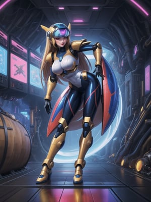 Ultra HD 16K resolution, blending Mega Man X and Super Metroid styles, offering maximum sharpness and exceptional quality. | On a futuristic aircraft, a stunning 30-year-old woman dons a white robotic armor with blue and yellow accents. The cybernetic helmet frames her face, and she gazes directly at the viewer, standing out in the ultra-detailed scene. | The composition, at an upward dynamic angle, highlights the woman in a sensual pose, interacting and leaning on a technological structure. The presence of large machines, control panels, flying vehicles, and glass barrels containing luminous liquid creates a futuristic environment. | Lighting effects emphasize the sharpness of the armor and the luminosity of the liquid in the barrels, providing a sci-fi atmosphere. Large technological structures complete the scene, making it visually stunning. | An impressive woman in a sensual pose on the futuristic aircraft, styled after Mega Man X and Super Metroid, interacting with the technological environment. | She: ((interacting and leaning on anything, very large structure+object, leaning against, sensual pose):1.3), ((Full body image)), perfect hand, fingers, hand, perfect, better_hands, More Detail.