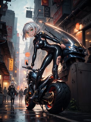 ((1woman)), ((wearing futuristic warrior outfit made of black latex, gold metals attached, extremely tight and short on the body)), ((flat silver hair, hair with bangs in front of the eye)), ((gigantic breasts)), ((staring at the viewer)), (((doing erotic position leaning against an object))), ((in a futuristic city, motorcycle, giant robots, lampposts, raining hard, soda machines,  multiple people with different ethnicities)), ((((full body)))), 16k, UHD, better quality, better resolution, better detail, light and shadow effects