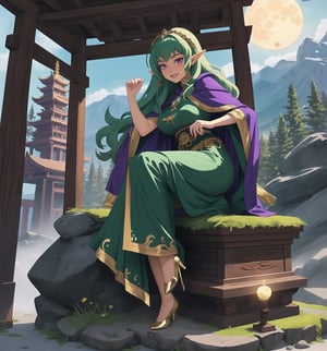 A fantastic masterpiece of art, full of beauty and magic. | A 237-year-old elf woman with an elegant and wise appearance is in a temple in the rocky mountains, a mystical and enchanted environment. | She wears a long tunic of dark green fabric, with gold details and leaf embroidery, showing her connection to nature and her status as a sorceress. | To complement her look, she also wears a green velvet cape with feather trim and a gold moon-shaped brooch, adding a touch of sophistication and magic to her appearance. | Her long, wavy green hair has a few loose strands at the front, giving her beauty a natural and delicate look. Her purple eyes are large and expressive, conveying wisdom and serenity, while her smile with sharp white teeth shows her elfin nature and grace. | The temple in the rocky mountains has rock structures, wooden structures, an altar in the center and pillars with emblems, creating a sacred and mystical atmosphere. | Soft, mystical lighting effects create an enchanted, serene atmosphere, while detailed textures on structures and costume add realism to the image. | An elegant and magical scene of an elf woman in a rocky mountain temple, exploring themes of fantasy, nature and magic. | (((((The image reveals a full-body shot as she assumes a sensual pose, engagingly leaning against a structure within the scene in an exciting manner. She takes on a sensual pose as she interacts, boldly leaning on a structure, leaning back in an exciting way.))))). | ((full-body shot)), ((perfect pose)), ((perfect fingers, better hands, perfect hands)), ((perfect legs, perfect feet)), ((huge breasts)), ((perfect design)), ((perfect composition)), ((very detailed scene, very detailed background, perfect layout, correct imperfections)), More Detail, Enhance