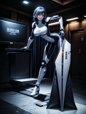 A woman, wearing white wick suit with parts in blue + robotic armor with lights, gigantic breasts, wearing helmet with transparent colored visor, blue hair, rebellious hair, messy hair, hair with bangs in front of the eye, looking at the viewer, (((sensual pose with interaction and leaning on anything+object+leaning against))), in a spaceship with many structures,  equipment, robots, computers, elevator, ((full body):1.5), 16K, UHD, unreal engine 5, quality max, max resolution, ultra-realistic, ultra-detailed, maximum sharpness, ((perfect_hands):1), Goodhands-beta2, [super metroid], cyberware, cybernetic