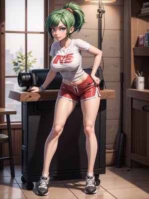 A woman, wearing a white T-shirt, short red shorts, white stockings, black sneakers, black suit, gigantic breasts, green hair, extremely short hair, rebellious hair, ponytailed hair, fringed hair in front of the eye, looking at the viewer, (((sensual pose+Interacting+leaning on anything+object+leaning against))), in a very busy night, with many construction machines,  vehicles, structures, ((full body):1.5), 16K, UHD, unreal engine 5, quality max, max resolution, ultra-realistic, ultra-detailed, maximum sharpness, ((perfect_hands):1), Goodhands-beta2,