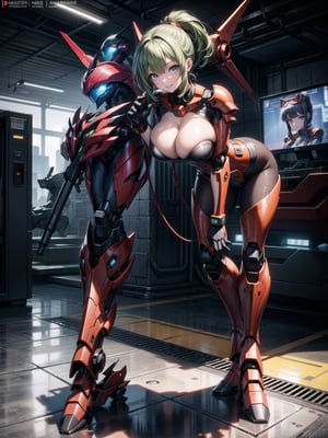 A woman, worn mecha+mecha armor+red bionic armor with white parts, gigantic breasts, helmet with glass visor, green hair, extremely short hair, rebellious hair, hair with ponytail, hair with bangs in front of the eye, looking at the viewer, (((sensual pose+Interacting+leaning on anything+object+leaning against))), in the underworld at night with many machines, robots, machines, metal structures, ((full body):1.5), 16K, UHD, unreal engine 5, quality max, max resolution, ultra-realistic, ultra-detailed, maximum sharpness, ((perfect_hands):1), Goodhands-beta2, [megaman, super metroid], ((mecha))
