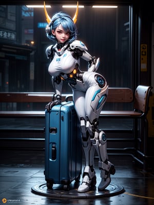 A fairy woman, wearing ((white mecha costume with parts in blue, gigantic breasts, cybernetic helmet)), very short hair, blue hair, messy hair, hair with bangs in front of eyes, magical aura around the body, (((looking at the viewer, sensual pose with interaction and leaning on anything+object+on something+leaning against+leaning against))) in a Japanese bus station at night with heavy rain, many structures, benches, people waiting for the bus, ((full body):1.5); 16K, UHD, unreal engine 5, quality max, max resolution, ultra-realistic, ultra-detailed, maximum sharpness, ((perfect_hands): 1), Goodhands-beta2, ((technological))