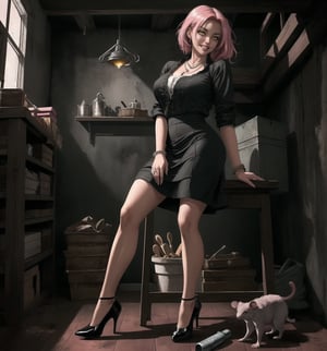 A dark, realistic Gothic masterpiece rendered in ultra-detailed 8K. | Mayumi, a 35-year-old woman, is working in a filthy, dark, and macabre basement. She wears a simple maid uniform, consisting of a white blouse and black skirt, accompanied by discreet accessories such as a pearl necklace and silver bracelet. Her short, messy pink hair gives her an air of carelessness and courage. Her yellow eyes are full of determination and courage, ((smiling)) and showing her white, well-aligned teeth, with a vivid red lipstick highlighting her lips. | The image highlights Mayumi's figure amidst the dirty and smelly environment of the basement, with rats and insects moving through the shadows. The atmosphere is tense and scary, with dark shadows moving along the walls. The basement structures are simple, with wooden shelves full of boxes and old objects, and a metal table with antique tools. There is also a water sink with a faucet and a wooden staircase that leads to the upper floor. Mayumi's bracelet and necklace faintly glow in the darkness. | The soft and dark lighting effects create a tense and scary atmosphere, while rough and detailed textures on the structures and Mayumi's clothes add realism to the image. | A terrifying scene of Mayumi, a courageous woman, working in a filthy and macabre basement. | (((((The image reveals a full-body shot as she assumes a sensual pose, engagingly leaning against a structure within the scene in an exciting manner. She takes on a sensual pose as she interacts, boldly leaning on a structure, leaning back in an exciting way.))))). | ((full-body shot)), ((perfect pose)), ((perfect fingers, better hands, perfect hands)), ((perfect legs, perfect feet)), ((huge breasts)), ((perfect design)), ((perfect composition)), ((very detailed scene, very detailed background, perfect layout, correct imperfections)), More Detail, Enhance
