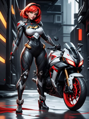 A woman, wearing mecha costume+batman costume+Superman costume+black spider man costume, with red parts, extremely large breasts, green hair, short hair, helmet on the head, (((staring at the viewer, pose interacting and leaning [on something|on an object]))), in a futuristic city, with various vehicles, machines, robots, ((full body):1.5),  16k, UHD, best possible quality, ultra detailed, best possible resolution, Unreal Engine 5, professional photography, well-detailed fingers, well-detailed hand, perfect_hands