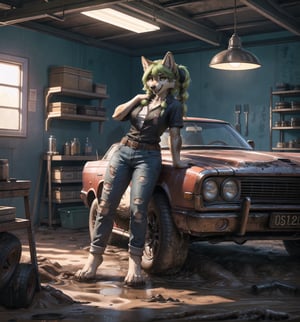 ((Clear 4K image with realistic dirty and worn style, rendered in ultra-high resolution with graphic details.):1.3). | At the vintage car body shop, a young 21-year-old werewolf is working tirelessly. She wears a white t-shirt, blue denim overalls with straps hanging from one of them, and a black leather belt with a gold buckle at her waist. His black leather boots are dirty with grease, as is the rest of his clothes, which are aged and tight to his body. Her long, straight green hair cascades over her shoulders, with large bangs in front of her eyes. She has two long pigtails held together with metal clips. Her yellow eyes look at the viewer with a mysterious look, while she (((smiles))), showing her teeth, with her mouth open, her tongue out and drool running down. Her face is covered in grease, as is the rest of the room. | The scene takes place in the old car body shop, a filthy and dirty place, full of stacked tires, mud and dirt. There is a bench with tools scattered around, old car engines and an old, rusty car in the process of being repaired. The smell of oil and gasoline permeates the air as the wolf woman works tirelessly. | Composition at an angle to the general plane, emphasizing the figure of the wolf woman and the elements of the bodywork. The metal structures, tires, mud and dirt, together with the wolf woman, the workbench, the tools and the old car, create a filthy and worn-out environment. The body shop's artificial lighting creates dramatic shadows and highlights the details of the scene. | Soft, shadowy lighting effects create a tense and challenging atmosphere, while rough, detailed textures on skin, clothing, tires and structures add realism to the image. | A challenging and realistic scene of a young wolf woman working tirelessly in the vintage car body shop, overcoming obstacles with determination and mechanical skill. | (((((The image reveals a full-body_image as she assumes a dynamic_pose, engagingly leaning against a structure within the scene in an exciting manner. She takes on a dynamic_pose as she interacts, boldly leaning on a structure, leaning back in an exciting way.))))). | ((perfect anatomy, perfect body)), ((perfect_pose):1.5), ((more_than_a_dynamic_pose, dynamic_pose):1.3), ((full-body_image)), ((perfect fingers, better hands, perfect hands, perfect legs, perfect feet)), ((perfect design)), ((correct errors):1.2), ((perfect composition)), ((very detailed scene, very detailed background, correct imperfections, perfect layout):1.2), (( More Detail, Enhance))