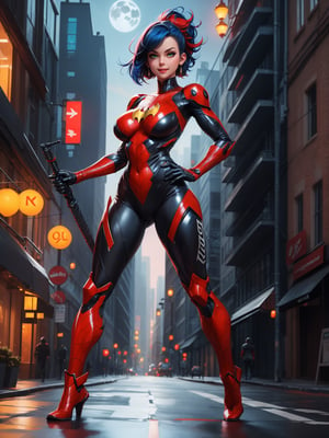 A woman, wearing mecha costume + spider man costume + batman costume, black with red parts, tight and tight clothing, monstrously giant breasts, blue hair, short hair, mohawk hair, looking at the viewer,(((pose interacting and leaning [on something|on an object]))), in a city with many vehicles, machines, robots, is at night, full moon at the top right,  ((full body):1.5), 16k, UHD, best possible quality, ultra detailed, best possible resolution, Unreal Engine 5, professional photography, well-detailed fingers, well-detailed hand, perfect_hands