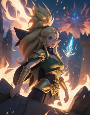 Masterpiece in 4K, anime style fused with the essence of Dragon Ball Z. | In the kingdom of Hyrule, Princess Zelda undergoes an extraordinary transformation, becoming a Super Saiyan. Her royal attire converts to golden armor, while her blonde hair rises into golden flames. Blue eyes shine with a divine intensity, and she exudes an aura of power that transforms the environment around her. Hyrule Castle serves as the backdrop for this epic metamorphosis. | ((Low angle composition)), highlighting the grandeur of the transformation. Lighting effects intensify the details of the scene, highlighting the golden armor and surrounding energy. | Princess Zelda in a magnificent transformation, becoming a Super Saiyan with a monumental impact on Hyrule. | She is adopting a ((dynamic pose as interactions, boldly leaning on a large structure in the scene, leaning back in a dynamic way, adding a unique touch to the scene):1.3), , ((Full body image)), perfect hand, fingers, hand, perfect, better_hands, More Detail