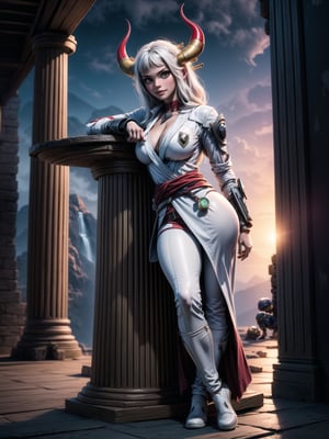 A woman, wearing ((white robe+White mecha costume with parts in blue, gigantic breasts, horns)), very short hair, white hair, hair with green strands, messy hair, hair with bangs in front of eyes, magical aura around the body, (((looking at the viewer, sensual pose with interaction and leaning on anything+object+on something+leaning against+leaning against))) in an ancient temple at night in the mountains, with many structures, waterfall, altars, pedestals, ((full body):1.5); 16K, UHD, unreal engine 5, quality max, max resolution, ultra-realistic, ultra-detailed, maximum sharpness, ((perfect_hands):1), Goodhands-beta2, ((Assassin's creed))+((super metroid)), YamatoV2