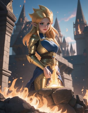 Masterpiece in 4K, anime style fused with the essence of Dragon Ball Z. | In the kingdom of Hyrule, Princess Zelda undergoes an extraordinary transformation, becoming a Super Saiyan. Her royal attire converts to golden armor, while her blonde hair rises into golden flames. Blue eyes shine with a divine intensity, and she exudes an aura of power that transforms the environment around her. Hyrule Castle serves as the backdrop for this epic metamorphosis. | Low angle composition, highlighting the grandeur of the transformation. Lighting effects intensify the details of the scene, highlighting the golden armor and surrounding energy. | Princess Zelda in a magnificent transformation, becoming a Super Saiyan with a monumental impact on Hyrule. | She is adopting a ((dynamic pose as interactions, boldly leaning on a large structure in the scene, leaning back in a dynamic way, adding a unique touch to the scene):1.3), ((The camera angle is too close to her)), ((Full body image)), perfect hand, fingers, hand, perfect, better_hands, More Detail
