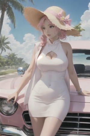 Large chest, pure white one piece dress, wearing a pink straw hat, leaning against the car