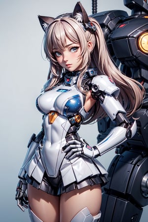 masterpiece,best quality,ultra-detailed, ,girl, mecha musume, mechanical parts,robot joints, blush,standing,cowboy shot, cat ears,sakamata, white theme
