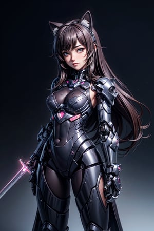 masterpiece,best quality,ultra-detailed, , 1girl,solo,, dark theme, mecha musume, mechanical parts,robot joints, blush,standing,cowboy shot, cat ears,sakamata, sword, big wings, white long hair
