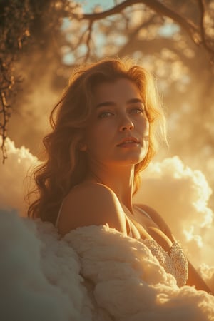 A majestic gaia, rendered in exquisite detail, sits regally against a whimsical backdrop of swirling clouds and wispy trees, bathed in cinematic warmth. Soft, golden light illuminates porcelain-like complexion, highlighting delicate facial features and casting gentle glow on serene expression. Framed by subtle halo of warm light, the subject appears majestically regal against dreamy background, inviting viewer to behold stunning beauty in crystal-clear 8K resolution.