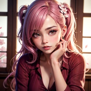 CGI, beautiful face, extremely voluptuous, almond eyes, firm chin, long flowing hot pink hair, sexy matching pink cherry blossom skirt/blouse, cherry blossom hair piece, extremely detailed