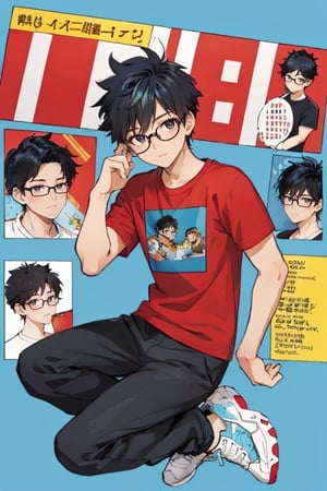 light blue background, beautiful, good hands, full body, looking to the camera, smile, black hair, black eyes, glasses, honey-colored skin,18 year old boy body, full_body, character_sheet, fashionable hairstyle,black joggers pants, red design t-shirt, shoes,comic_book_cover