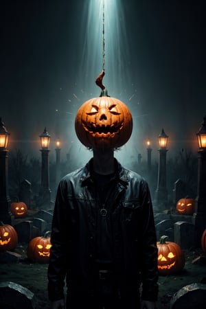 masterpiece,{{{best quality}}},(illustration)),{{{extremely detailed CG unity 8k ,Brilliant light,cinematic lighting,long_focus}}}, jack o lantern, man with a pumpkin head, scythe, threatening pose, cemetery background with transparent green souls flying, gloomy atmosphere, dark vibe,DarkTheme