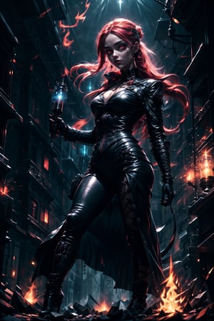 1 girl, fullbody, epic pose, Glowing eyes. Pyro aura. High contrast. Heroic aura. Fantasy glow. Glowing aura, Dark style, Horror style, Gothic, dinamic background,GlowingRunes,,glitter