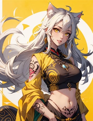 best quality, ancient letter background, tribal background, white crop top, young, women, body goal, yellow eyes, detailed eyes, cat eyes, hair ornament, nekomimi, parted lips, cat tail, jewelry, long white hair, ombre hair, hair on arms messy, side belly tattoo, tribal tattoo, looking at viewer, mole in belly, piercing navel, batik covering lower body, sultry, seduced, cute fang,