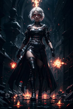 1 girl, tomboy, white hair, red eyes,fullbody,bloodmagic, magical energy fantasy, mana, excessive energy, blood splatter, blood puddles epic pose, Glowing eyes. Pyro aura. High contrast. Heroic aura. Fantasy glow. Glowing aura, Dark style, Gothic, dinamic background,glitter