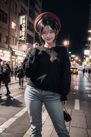 fullbody, toph_bei_fong, white eyes, blind, smile, :3, red wool sweater, black jeans, black cloth hat, city background, looking_at_viewer, sexy pose