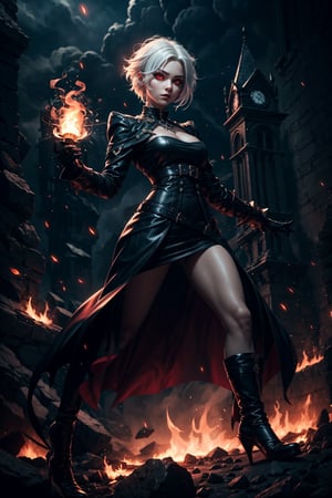 1 girl, tomboy, white hair, red eyes,fullbody,magical energy fantasy, mana, excessive energy, epic pose, Glowing eyes. Pyro aura. High contrast.  Fantasy glow. Glowing aura, Dark style, Gothic, dinamic background,glitter,Endsinger