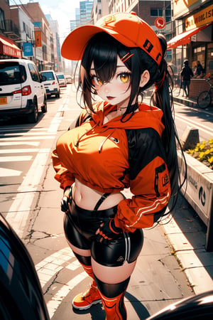 1girl, solo, masterpiece, best quality, (blush:1.3), looking at viewer, from above, own hands on hip, black hair, very long hair, long twintails, yellow eyes, bangs, medium breast, hair clip, orange headwear, hat, orange hoodie, bike shorts, orange footwear, fingerless gloves, navel, thigh highs, , thick thighs, street, floating hair, cowboy shot, 