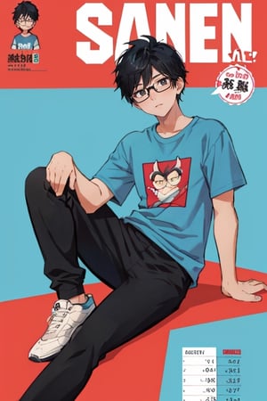 character sheet, light blue background, beautiful, good hands, full body, looking to the camera, black hair, black eyes, glasses, honey-colored skin,18 year old boy body, full_body, character_sheet, fashionable hairstyle,black joggers pants, red design t-shirt, shoes,comic_book_cover