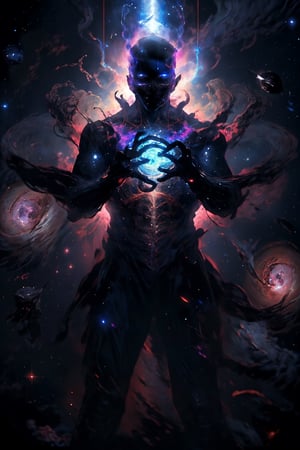 8k, (absurdres, highres, ultra detailed), fullbody silhouette of a cosmic entity, veins with power, nebula, galaxies, black hole, cosmic, space, glowing eyes, cosmic eye, CLOUD