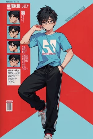 light blue background, beautiful, good hands, full body, looking to the camera, smile, black hair, black eyes, glasses, honey-colored skin,18 year old boy body, full_body, character_sheet, fashionable hairstyle,black joggers pants, red design t-shirt, shoes,comic_book_cover