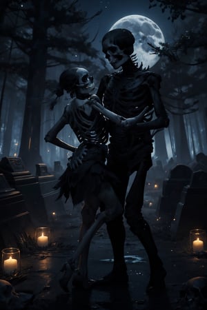 8k, (absurdres, highres, ultra detailed), (( couple skeletons dancing)) , cementery background, night, moon, trees, forest, dark and bright details, skeletons, skulls, perfect skeleton , perfect anatomy skeleton, no_human, 