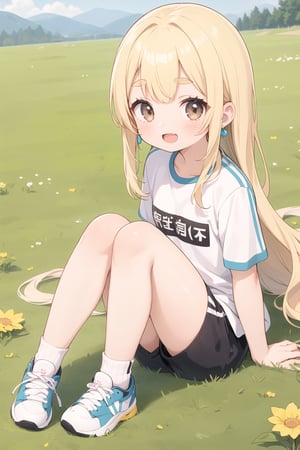 1girl, long_hair,lightbrown_eyes, earrings, open_mouth, smile, jewelry, lightblonde_hair, short sportswear, grass, sitting, flower, very_long_hair, :d, looking_at_viewer, solo, wavy_hair, shoes, socks, blush, full_body, parted_bangs, Poro, sneakers, curly_hair, animal, thick_eyebrows, , messy_hair, striped, short sportswear