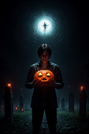 masterpiece,{{{best quality}}},(illustration)),{{{extremely detailed CG unity 8k ,Brilliant light,cinematic lighting,long_focus}}}, jack o lantern, man with a pumpkin head, holding a scythe, threatening pose, cemetery background with transparent green souls flying, gloomy atmosphere, dark vibe,,DarkTheme,CLOUD