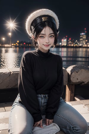 fullbody, toph_bei_fong, white eyes, blind, smile, :3, red wool sweater, black jeans, black cloth hat, city background, looking_at_viewer, sexy pose