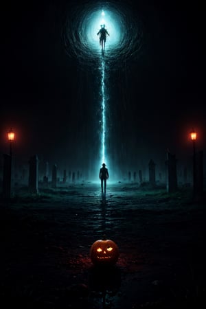 masterpiece,{{{best quality}}},(illustration)),{{{extremely detailed CG unity 8k ,Brilliant light,cinematic lighting,long_focus}}},jack o lantern mix human , threatening pose, cemetery background with transparent green souls flying, gloomy atmosphere, dark vibe,,DarkTheme,CLOUD,COLORFUL STARRY