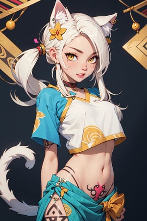 best quality, ancient letter background, tribal background, white crop top, young, women, body goal, yellow eyes, detailed eyes, cat eyes, hair ornament, nekomimi, parted lips, cat tail, jewelry, long white hair, ombre hair, hair on arms messy, side belly tattoo, tribal tattoo, looking at viewer, mole in belly, piercing navel, batik covering lower body, sultry, seduced, cute fang,