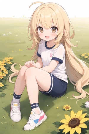 1girl, long_hair,lightbrown_eyes, open_mouth, smile, jewelry, lightblonde_hair, short sportswear, grass, sitting, flower, very_long_hair, :d, looking_at_viewer, solo, wavy_hair, shoes, socks, blush, full_body, parted_bangs, Poro, sneakers, curly_hair, animal, thick_eyebrows, , messy_hair, , short sportswear, perfect anatomy,