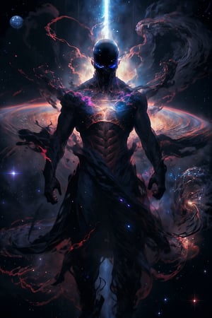 8k, (absurdres, highres, ultra detailed), fullbody silhouette of a cosmic entity, veins with power, nebula, galaxies, black hole, cosmic, space, glowing eyes, cosmic eye, CLOUD,Circle