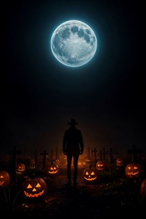 masterpiece,{{{best quality}}},(illustration)),{{{extremely detailed CG unity 8k ,Brilliant light,cinematic lighting,long_focus}}}, Man with jack o lantern head , threatening pose, cemetery background with transparent green souls flying, gloomy atmosphere, dark vibe,,DarkTheme, (top text location: "HALLOWEEN"),CLOUD,COLORFUL STARRY