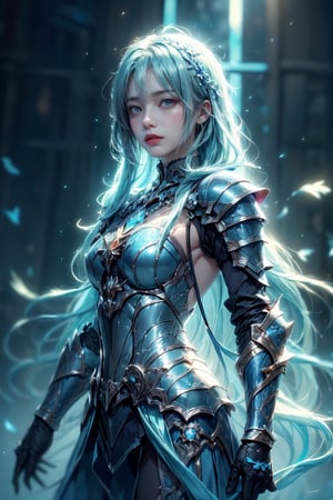 Masterpiece, woman, long light blue hair, blue eyes, stainedglass armor, colorful, dark background, water stainedglass armor, light blue stainedglass theme, exposure blend, medium shot, bokeh, (hdr:1.4), high contrast, (cinematic), 