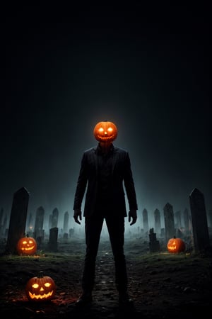 masterpiece,{{{best quality}}},(illustration)),{{{extremely detailed CG unity 8k ,Brilliant light,cinematic lighting,long_focus}}}, jack o lantern, man with a pumpkin head, scythe, threatening pose, cemetery background with transparent green souls flying, gloomy atmosphere, dark vibe,DarkTheme