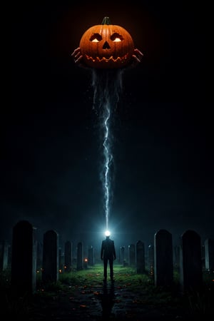 masterpiece,{{{best quality}}},(illustration)),{{{extremely detailed CG unity 8k ,Brilliant light,cinematic lighting,long_focus}}}, Man with jack o lantern head , threatening pose, cemetery background with transparent green souls flying, gloomy atmosphere, dark vibe,,DarkTheme,CLOUD,COLORFUL STARRY