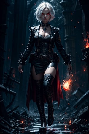 1 girl, tomboy, white hair, red eyes,fullbody,bloodmagic, magical energy fantasy, mana, excessive energy, blood splatter, blood puddles epic pose, Glowing eyes. Pyro aura. High contrast. Heroic aura. Fantasy glow. Glowing aura, Dark style, Gothic, dinamic background,glitter,Endsinger