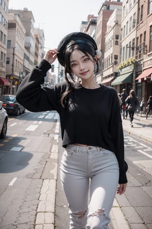 fullbody, toph_bei_fong, white eyes, blind, smile, :3, red wool sweater, black jeans, black cloth hat, city background, looking_at_viewer, sexy pose