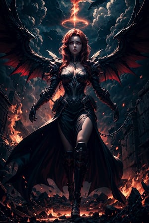 absurd details, fine details, 4k, (style:anime), (glow:0.3), (bloom:0.35), prideful, masterpiece, woman descending from the sky, bright red eyes, demon wings, halo of fire, dark body, red power veins, clothes made of darkness, dark chains, apocalyptic sky background, 